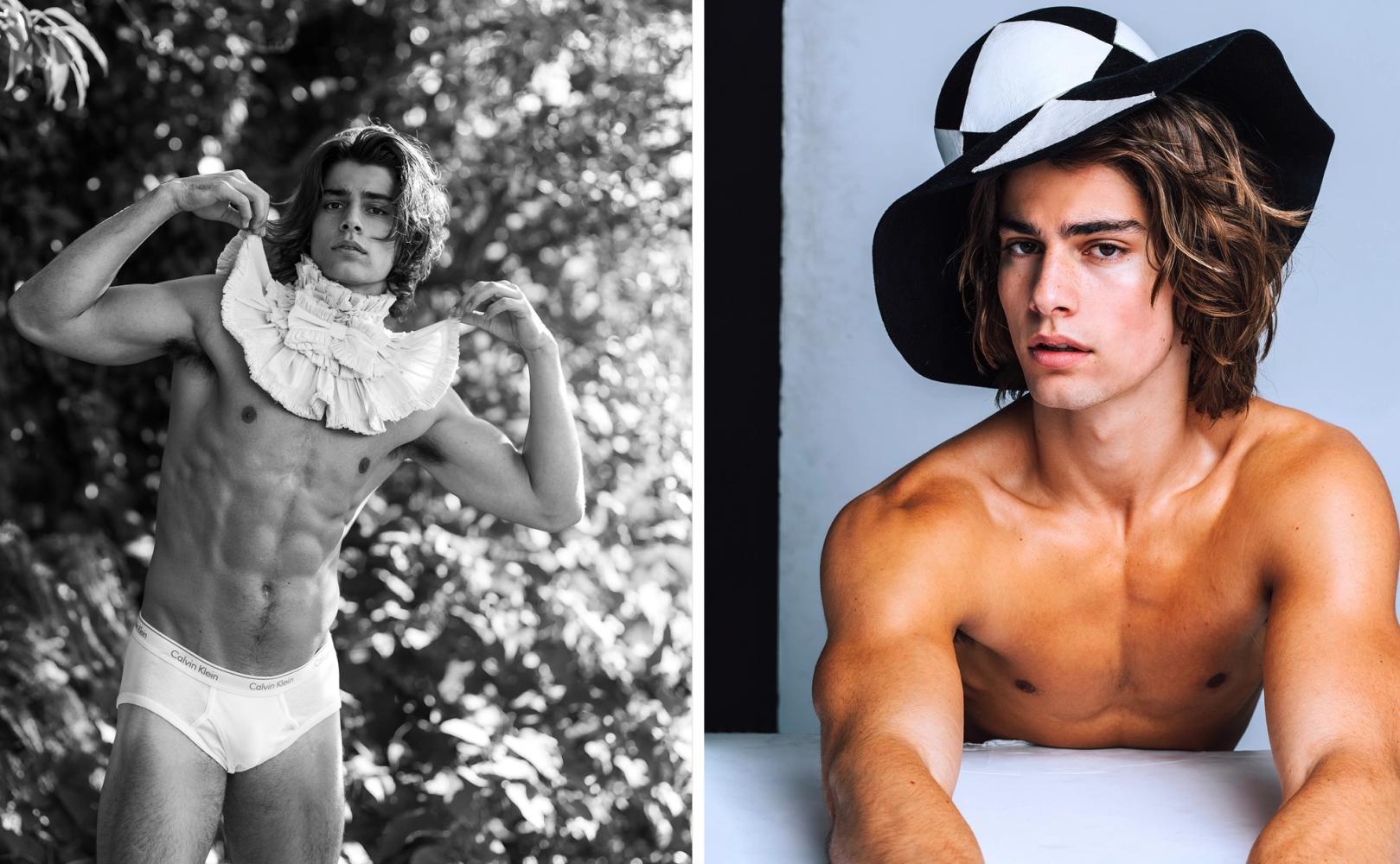 Corrado Martini in a ruffled collar and Calvin Klein briefs beside a second shirtless portrait wearing a black and white wide-brimmed hat, photographed by Taylor Miller.