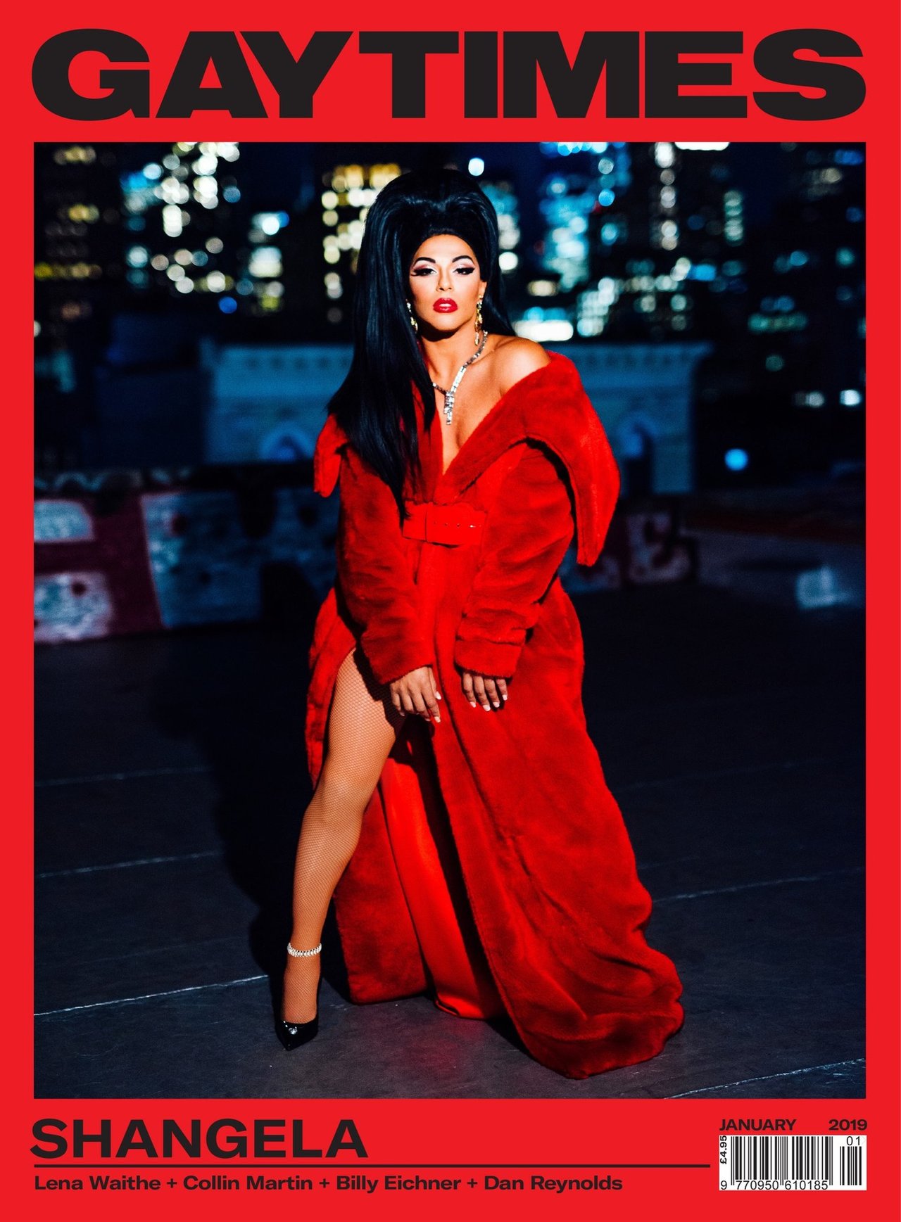 Shangela in a dramatic red fur coat on a city rooftop at night on the cover of Gay Times, photographed by Taylor Miller.