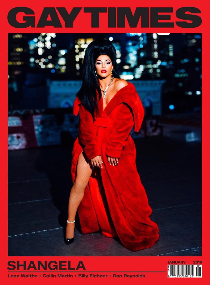 Shangela in a dramatic red fur coat on a city rooftop at night on the cover of Gay Times, photographed by Taylor Miller.