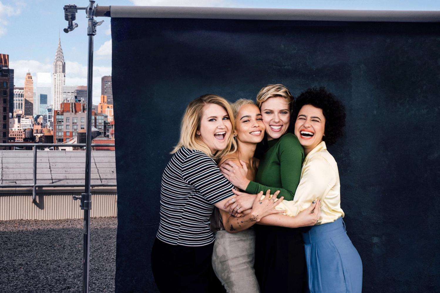 The cast of the comedy Rough Night, featuringScarlett Johansson, Jillian Bell, Zoë Kravitz and Ilana Glazer are smiling and posing together a New York City rooftop, photographed by celebrity and fashion photographer Taylor Miller.  