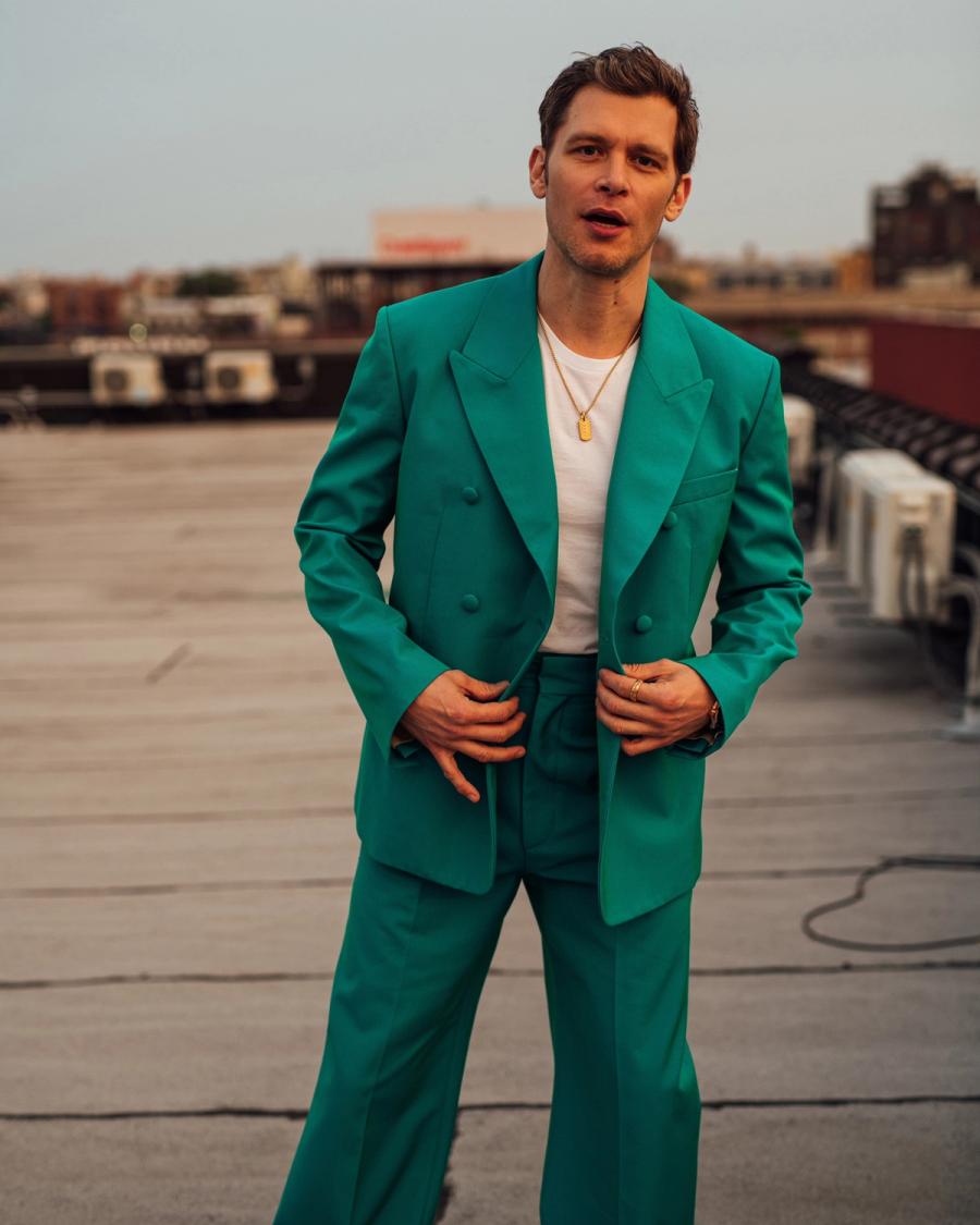Actor Joseph Morgan, wearing a teal suit, photographed for Numéro Netherlands shot by photographer Taylor Miller.
