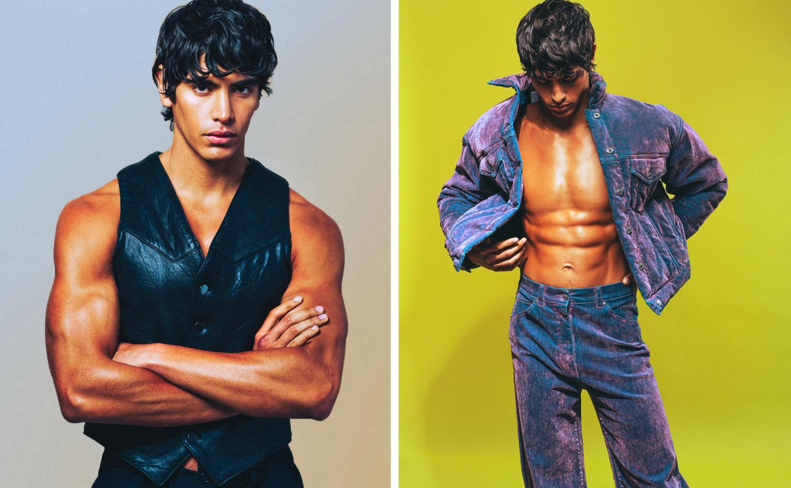 Sergio Perdomo in a black leather vest beside a second look of an open denim jacket and jeans against a chartreuse backdrop, photographed by Taylor Miller.