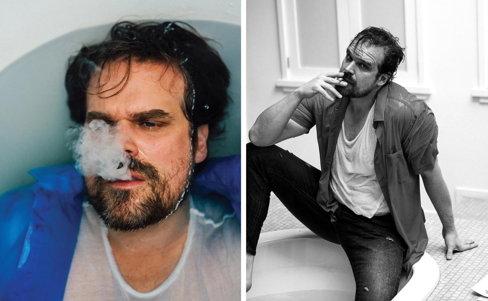 Actor David Harbor smokes a cigar for Playboy magazine, photographed in New York City by fashion and celebrity photographer Taylor Miller.