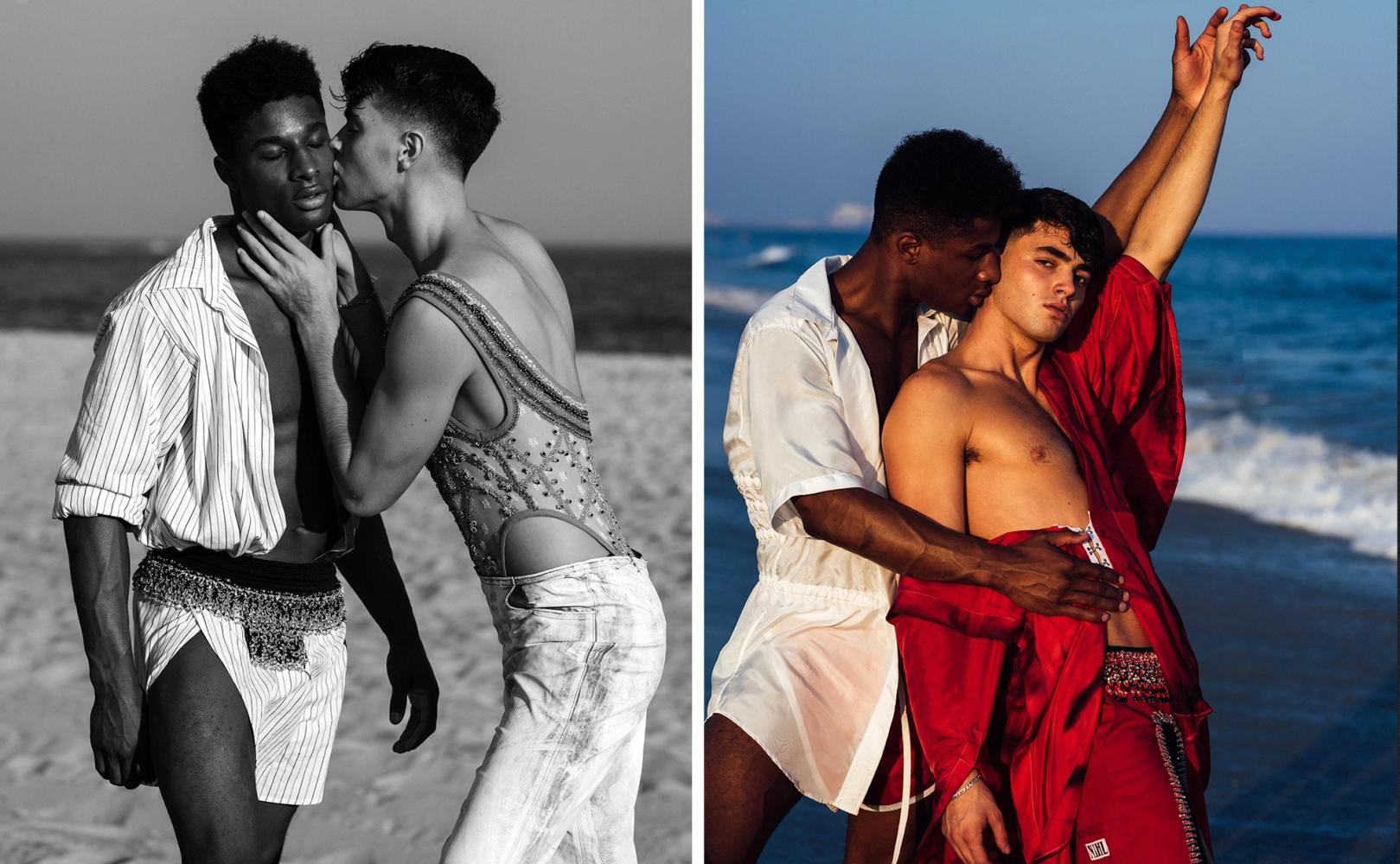 Leaon Gordon and Noah Blaise embracing on a beach in a black and white look beside a second beach pairing in white and red, photographed by Taylor Miller.