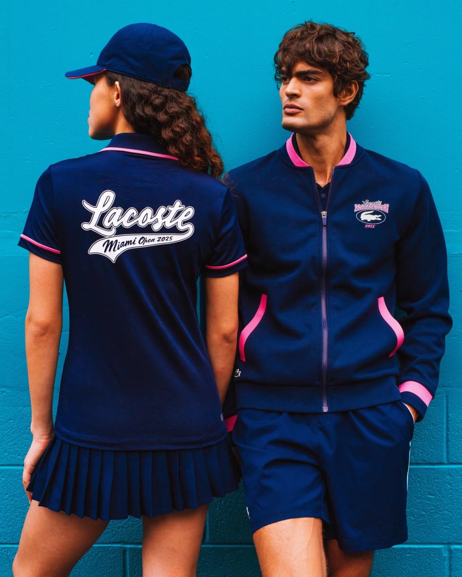Iago Botelho and Britney Nguyen by a teal wall, one showing the Lacoste Miami Open 2025 polo script, photographed by Taylor Miller.
