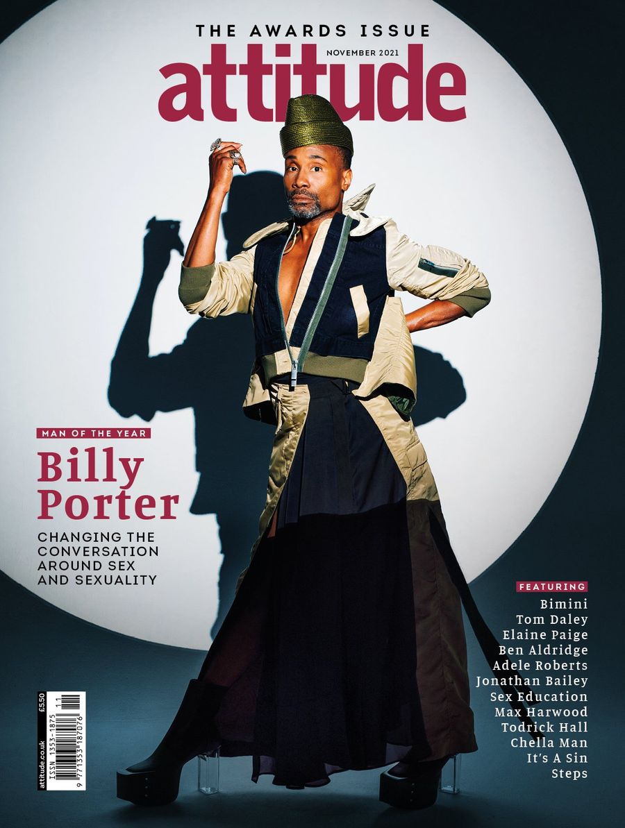Billy Porter named Man of the Year in a sculptural layered look and gold cap on the cover of Attitude magazine, photographed by Taylor Miller.
