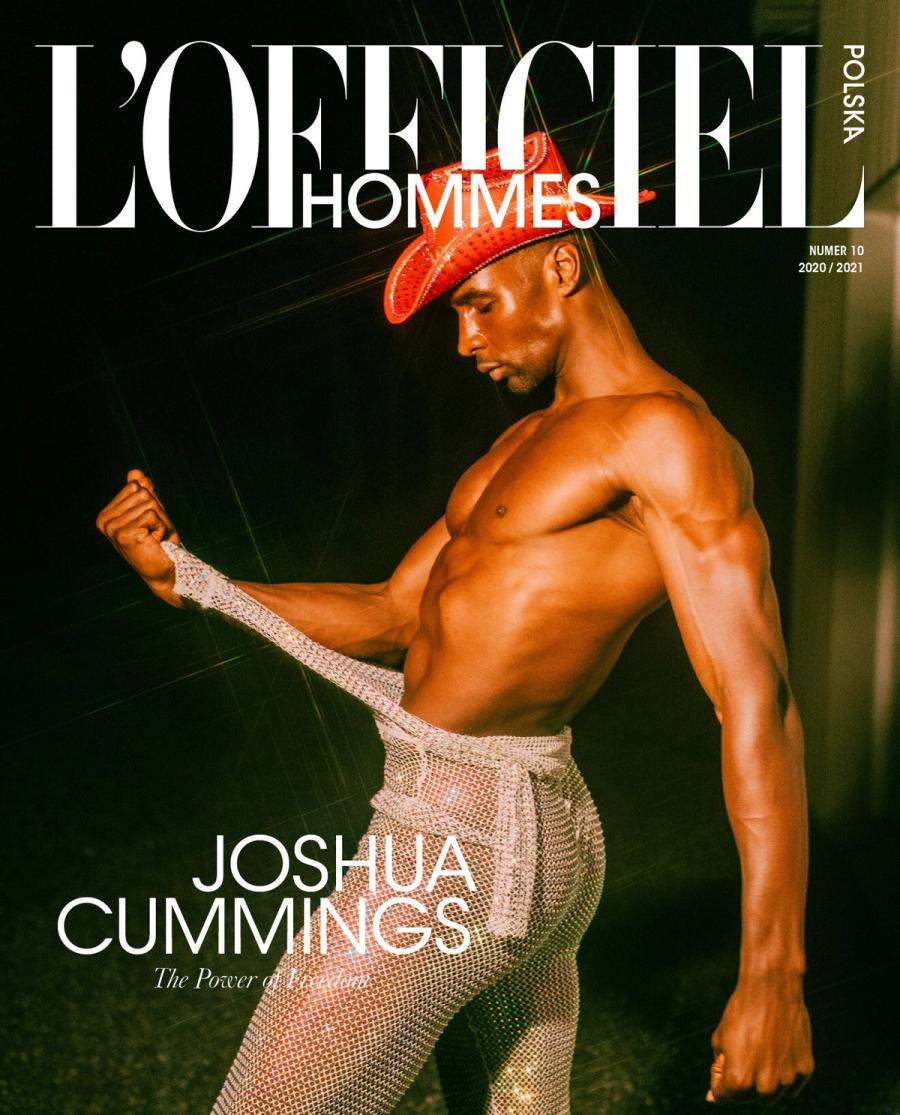 Joshua Cummings shirtless in a red sequin cap and crystal mesh trousers on the cover of L'Officiel Hommes Polska, photographed by Taylor Miller.