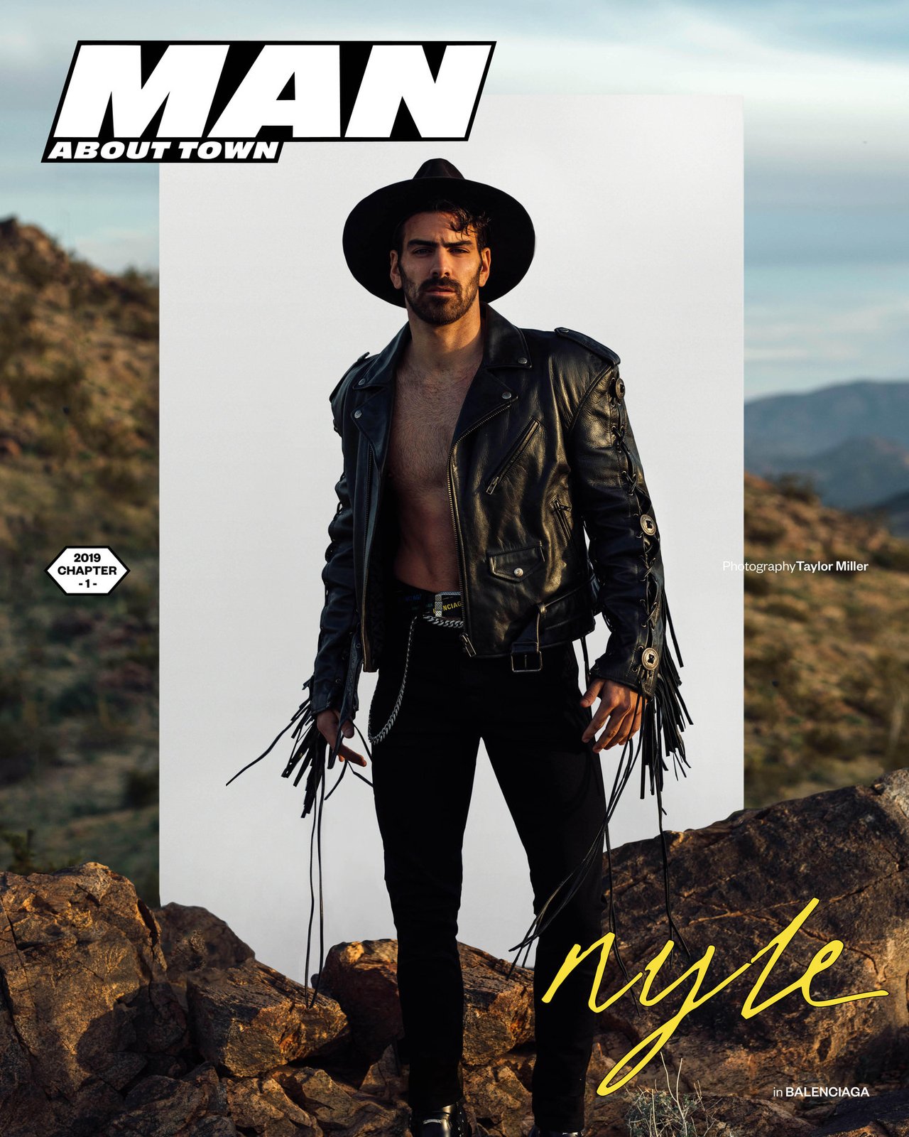Model and author Nyle DiMarco, wearing a leather jacket, photographed for Man About Town magazine by photographer Taylor Miller.