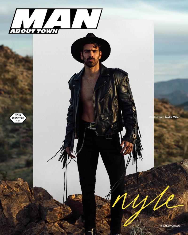 Model and author Nyle DiMarco, wearing a leather jacket, photographed for Man About Town magazine by photographer Taylor Miller.