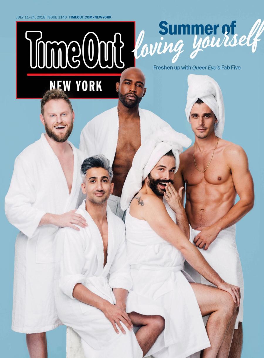 The Queer Eye Fab Five, Bobby Berk, Tan France, Karamo Brown, Jonathan Van Ness and Antoni Porowski, in white robes and towels on the cover of Time Out New York, photographed by Taylor Miller.