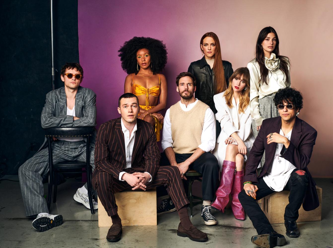 The cast of Daisy Jones and the Six, including Riley Keough, Sam Claflin, Camila Morrone, Suki Waterhouse, Will Harrison, Josh Whitehouse, Sebastian Chacon and Nabiyah Be, photographed in New York City by fashion and celebrity photographer Taylor Miller who is located in Brooklyn, NY. 