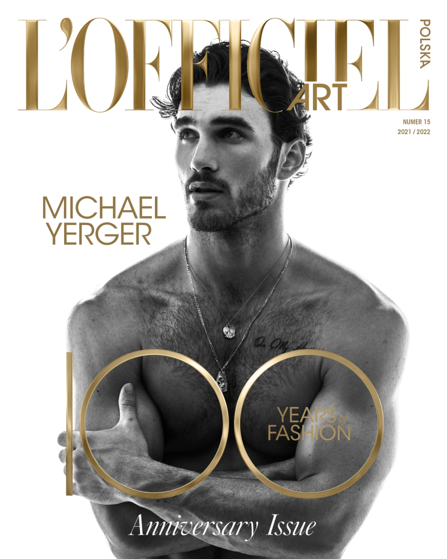 Model Michael Yerger, wearing a gold chain, photographed for L'OFFICIEL Hommes magazine by photographer Taylor Miller.