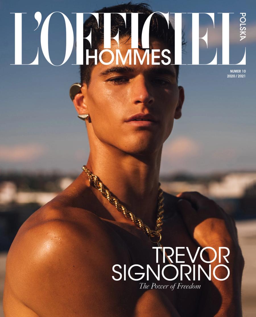 Model Trevor Signorino, wearing a gold necklace, photographed for L'OFFICIEL HOMMES magazine by celebrity and fashion photographer Taylor Miller. 