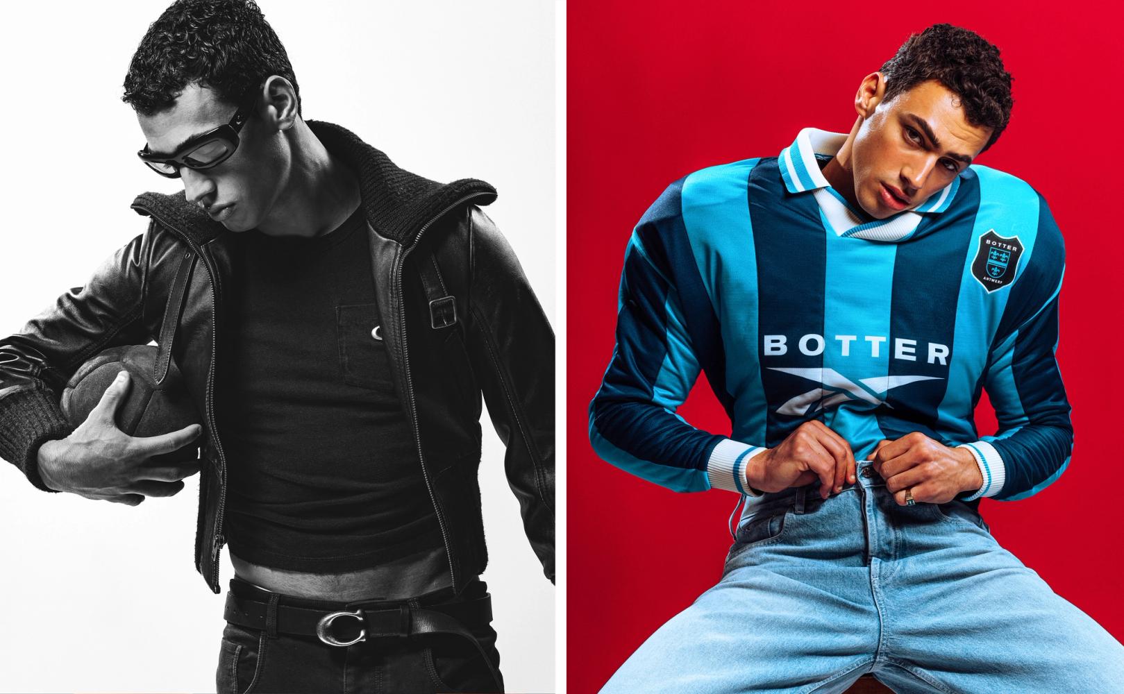 Barak Shamir in a black leather jacket holding a ball beside a second look in a blue Botter football jersey on a red backdrop, photographed by Taylor Miller.
