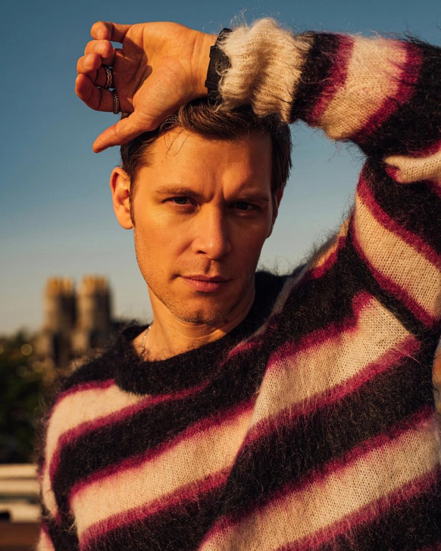 Actor Joseph Morgan, wearing a striped sweater, photographed for Numéro Netherlands shot by photographer Taylor Miller.