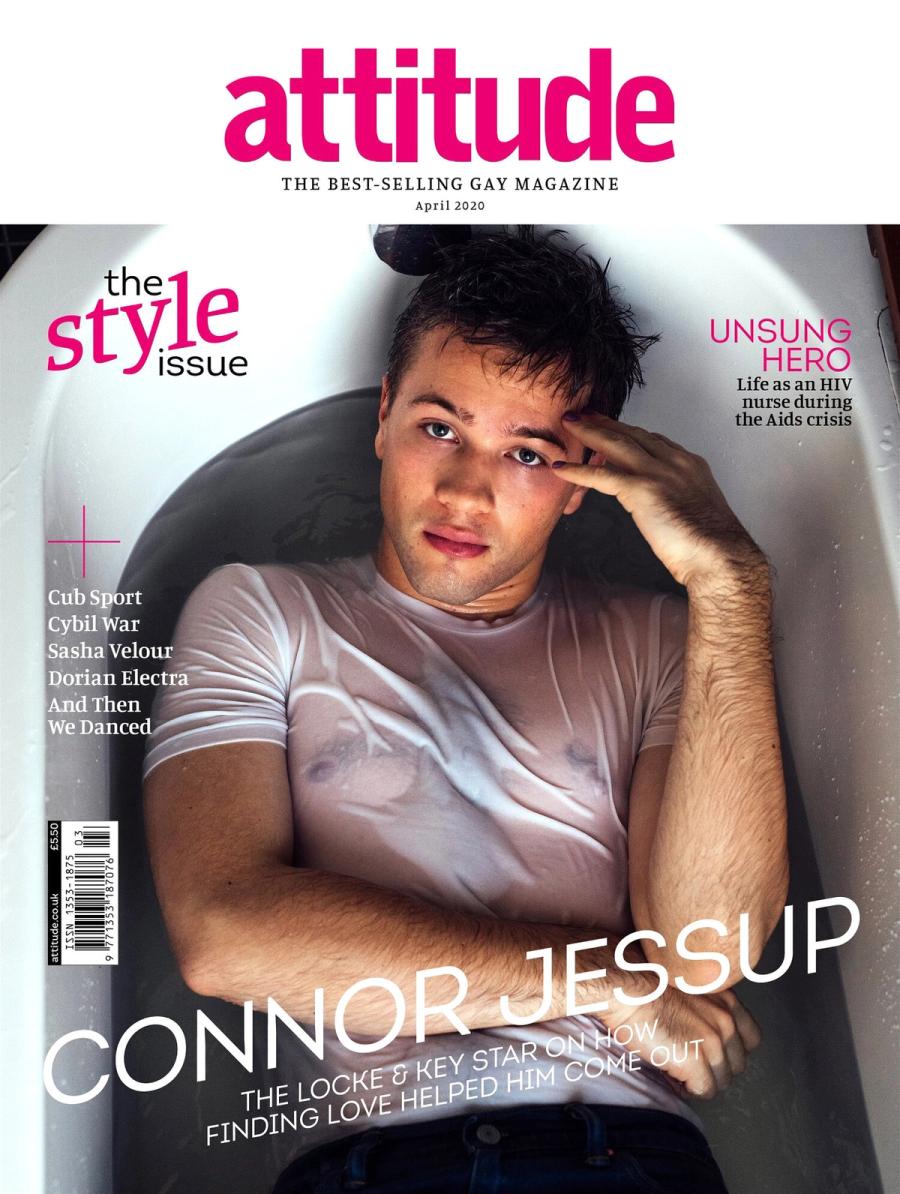 Connor Jessup reclining in a bathtub in a wet white tee on the cover of Attitude magazine's style issue, photographed by Taylor Miller.
