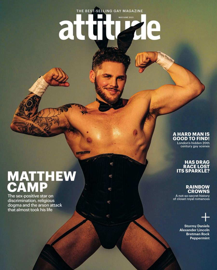 Celebrity Matthew Camp, wearing corset and bunny ears, photographed for Attitude Magazine by photographer Taylor Miller.