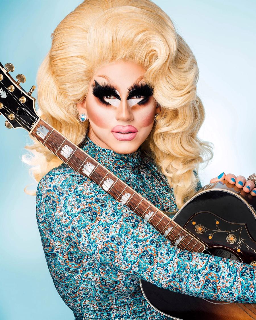 Drag superstar and singer TRIXIE MATTEL, posing with a guitar, photographed in New York City by fashion and celebrity photographer Taylor Miller who is located in Brooklyn, NY. 