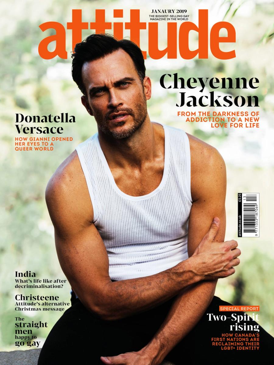 Cheyenne Jackson in a white ribbed tank top on the cover of Attitude magazine, photographed by Taylor Miller.