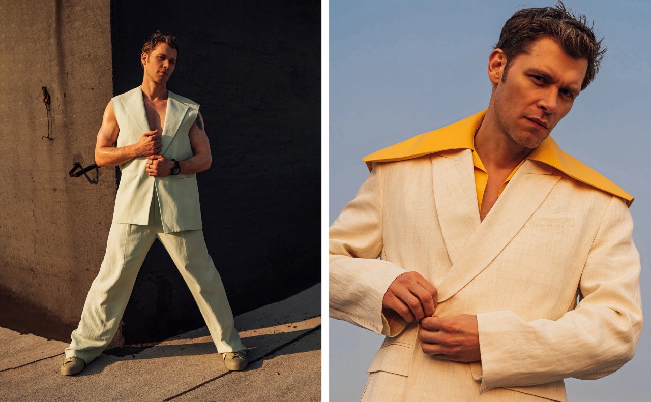 Joseph Morgan in a pale sleeveless suit beside a second portrait in a cream jacket with a yellow collar at golden hour, photographed by Taylor Miller.