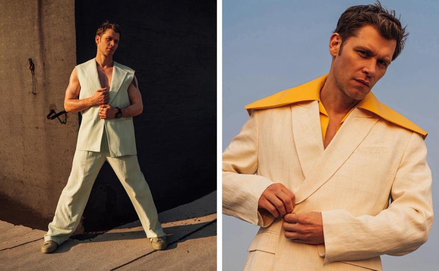 Joseph Morgan in a pale sleeveless suit beside a second portrait in a cream jacket with a yellow collar at golden hour, photographed by Taylor Miller.