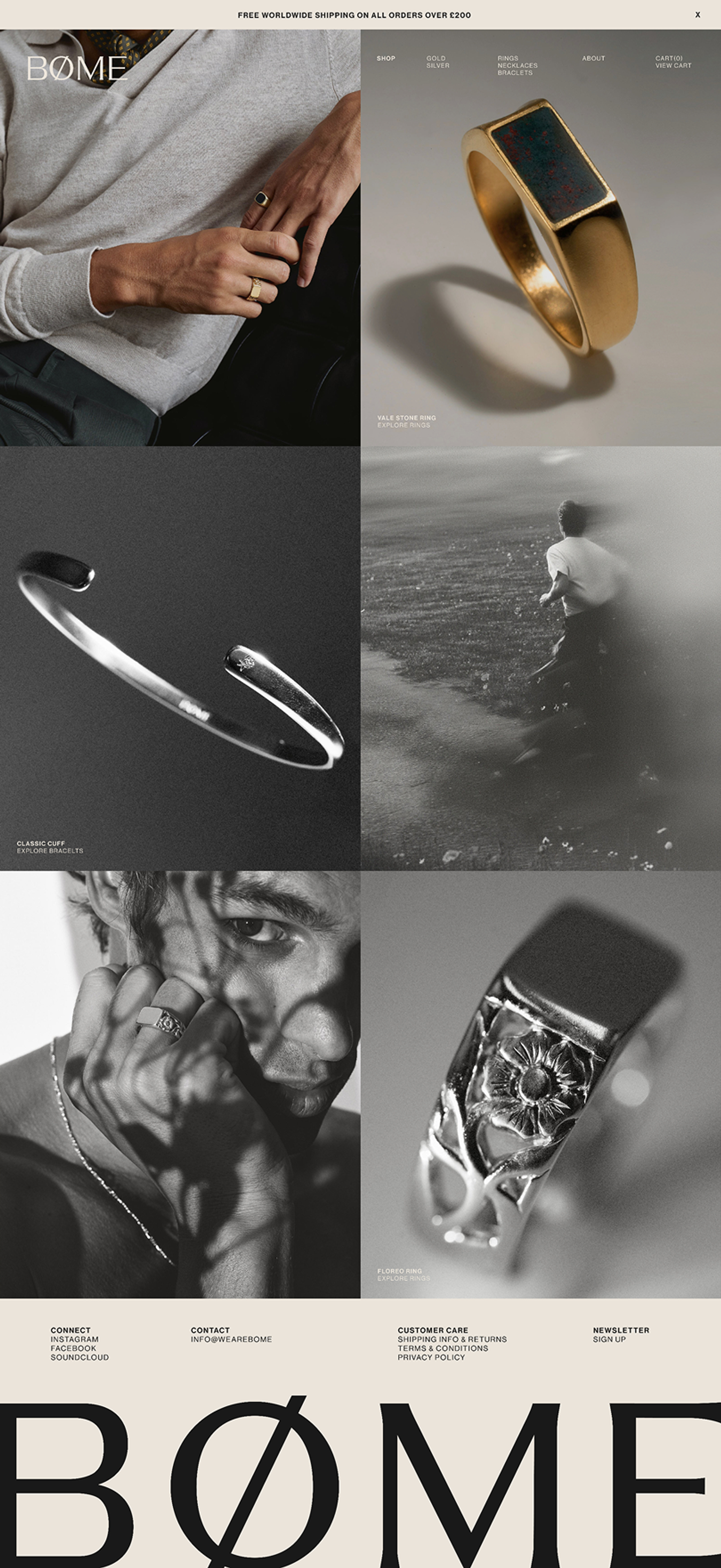 Homepage layout for BØME Studios mens jewelry brand featuring lifestyle photography, ring and cuff product imagery, and navigation for shop and collections, modern heritage-inspired website design and visual direction developed by Eeze Studio.
