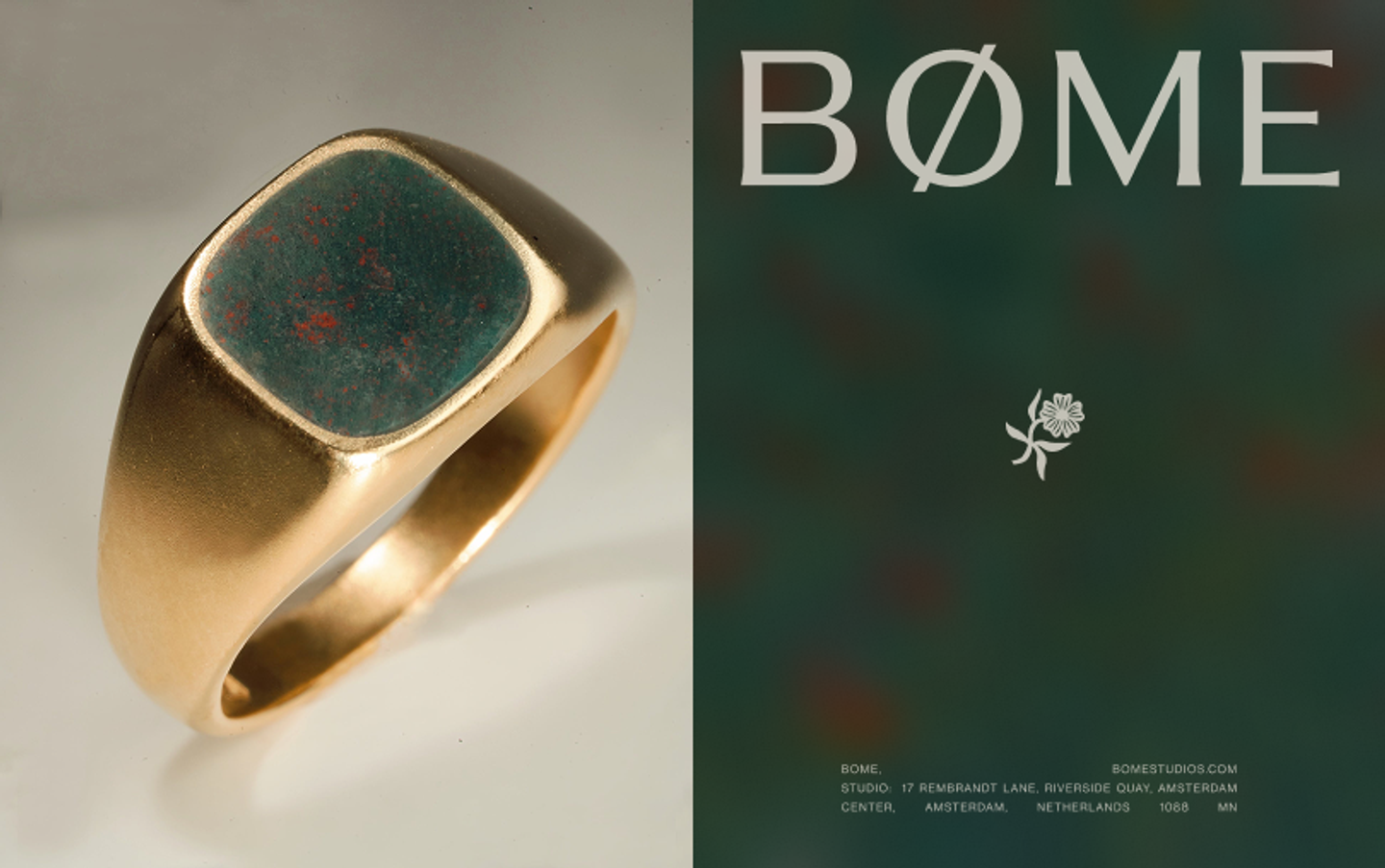 Split layout with a close-up of the BØME Studios Cushion Larvikite gold signet ring on the left and a blurred green backdrop with the BØME logo and flower mark on the right, highlighting premium mens jewelry hero imagery and brand storytelling design by Eeze Studio.