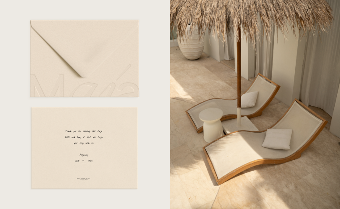 Minimal MAJA Bali stationery with handwritten note and poolside scene of curved sunbeds under a thatched umbrella, highlighting boutique hospitality branding