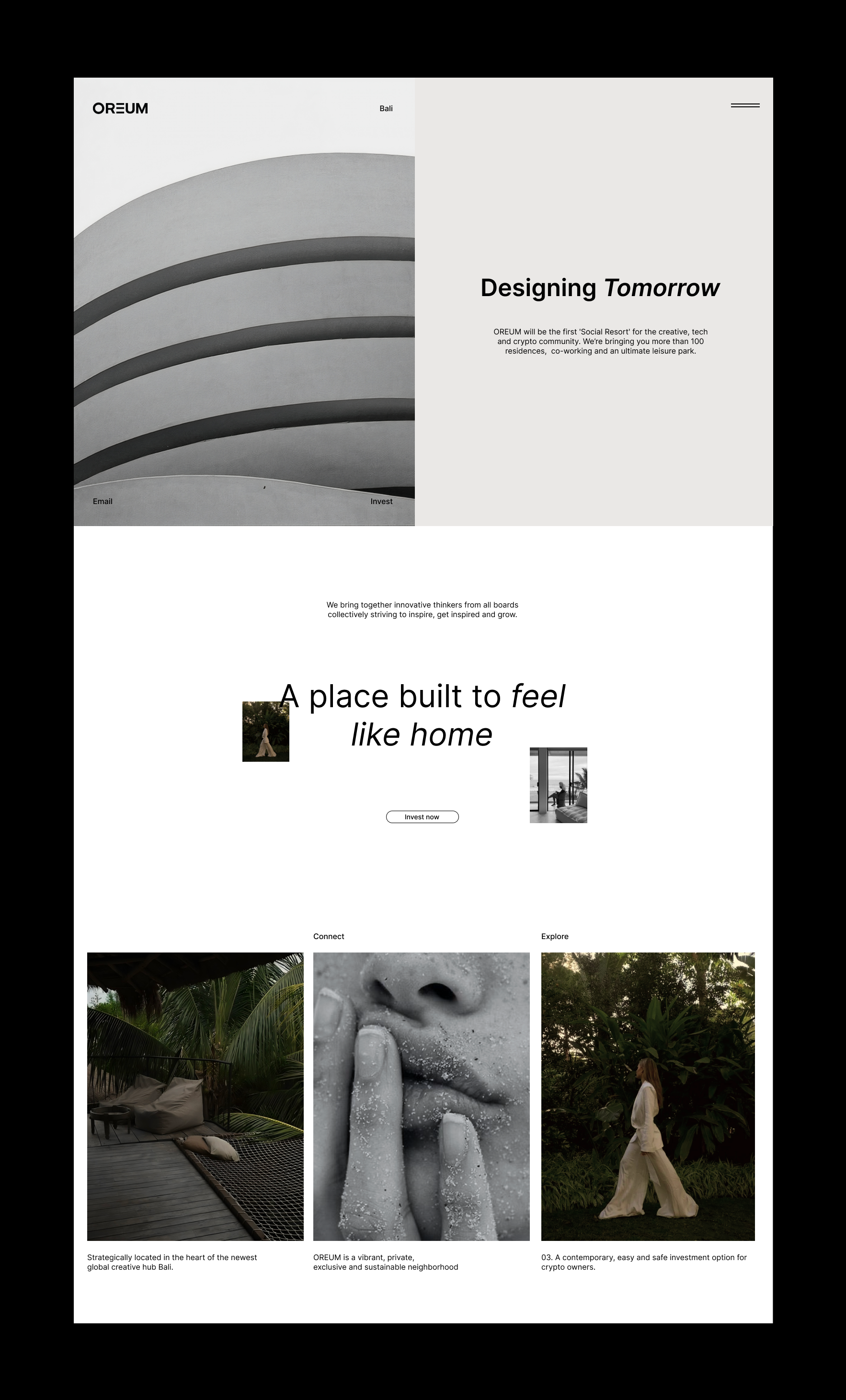 OREUM Website Homepage—Contemporary Resort Brand Design by Eeze Studio Homepage design for OREUM, showcasing minimalist architecture, bold brand messaging, and editorial visuals; website and branding developed by Eeze Studio for innovative Bali social resort and hospitality brands.