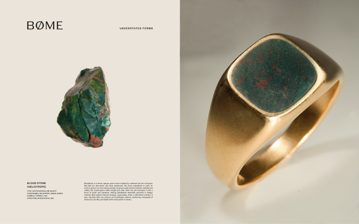 BØME Studios understated forms campaign layout by Eeze Studio Split layout showing a raw green bloodstone on the left and a close-up of a gold signet ring on the right under the heading “Understated Forms,” highlighting BØME Studios mens jewelry storytelling and campaign design created by Eeze Studio.