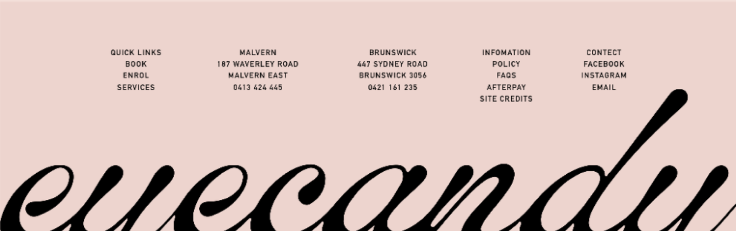 Website mockup of the footer for Eyecandy Lashes featuring modern design with bold typography and high-contrast visuals. Design by eeze studio.