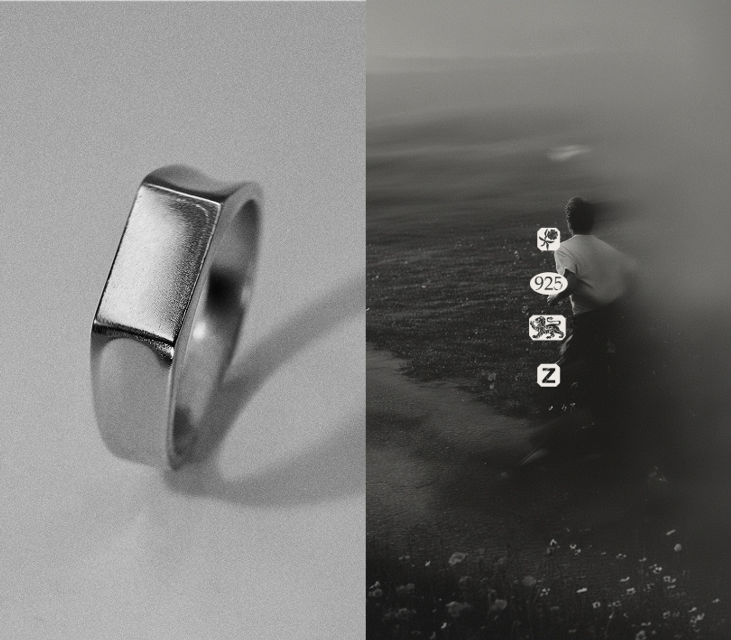 BØME Studios sterling silver ring and hallmark concept by Eeze Studio Diptych featuring a minimalist sterling silver BØME Studios ring on the left and a blurred outdoor scene with hallmark icons for maker, metal, and date letter on the right, visualizing the jewelry hallmark story and brand narrative design developed by Eeze Studio.