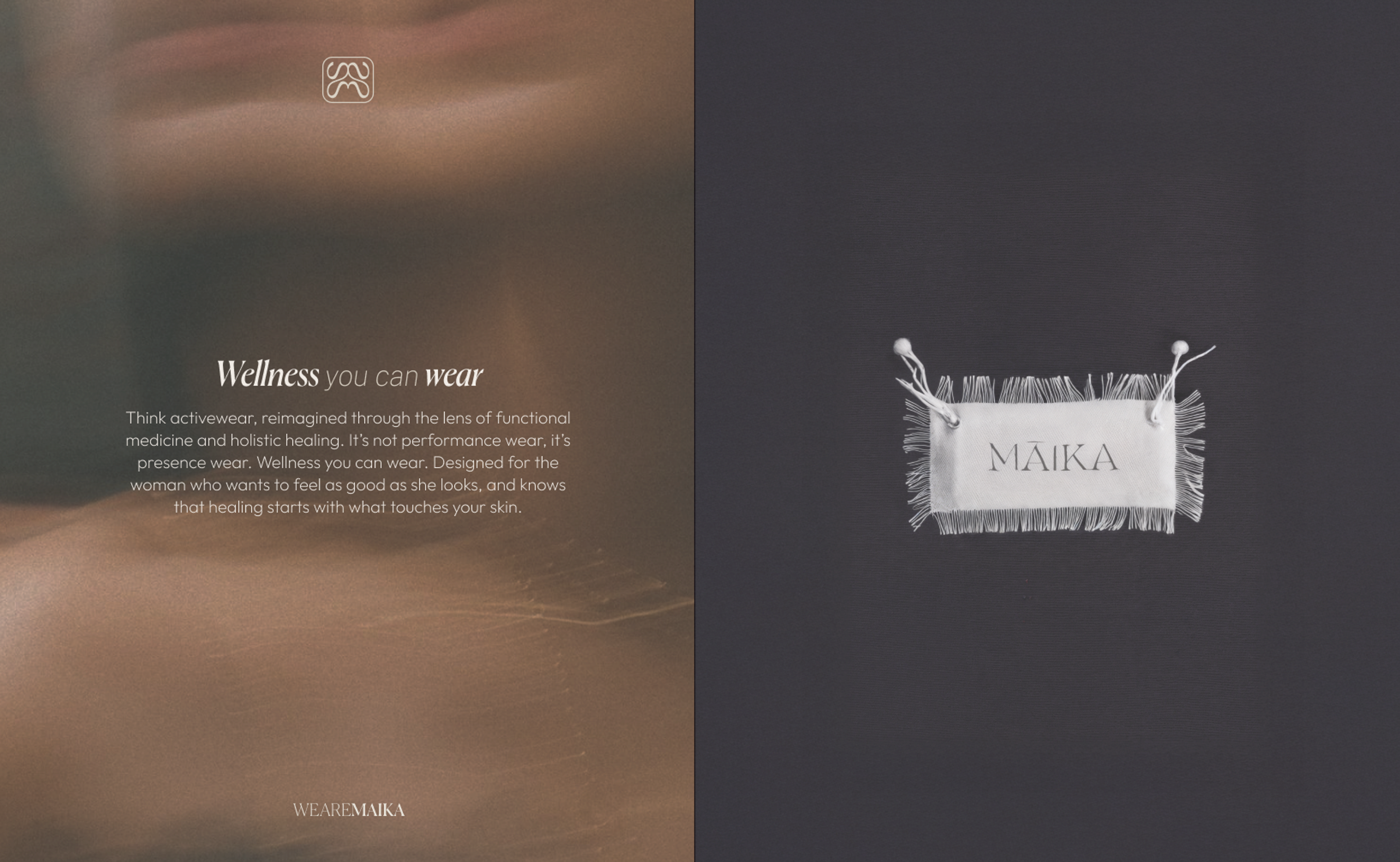 MAIKA branded fabric label and wellness-centered messaging on textured background, demonstrating holistic packaging and brand strategy by Eeze Studio