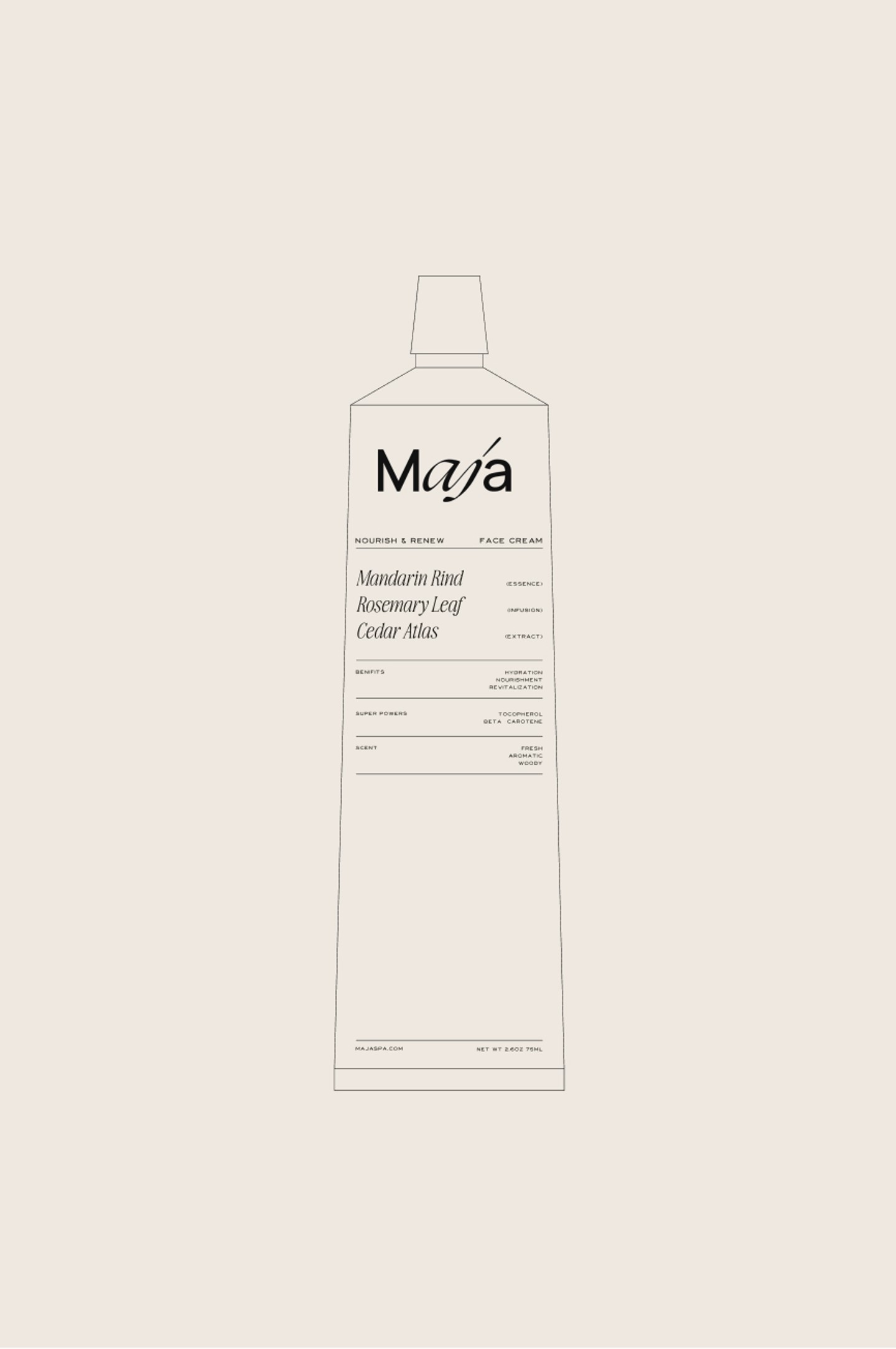 MAJA Bali Face Cream Packaging – Boutique Spa Branding Minimalist illustration of MAJA Bali face cream tube featuring mandarin rind, rosemary leaf, and cedar atlas, created for boutique spa branding and packaging by Eeze Studio