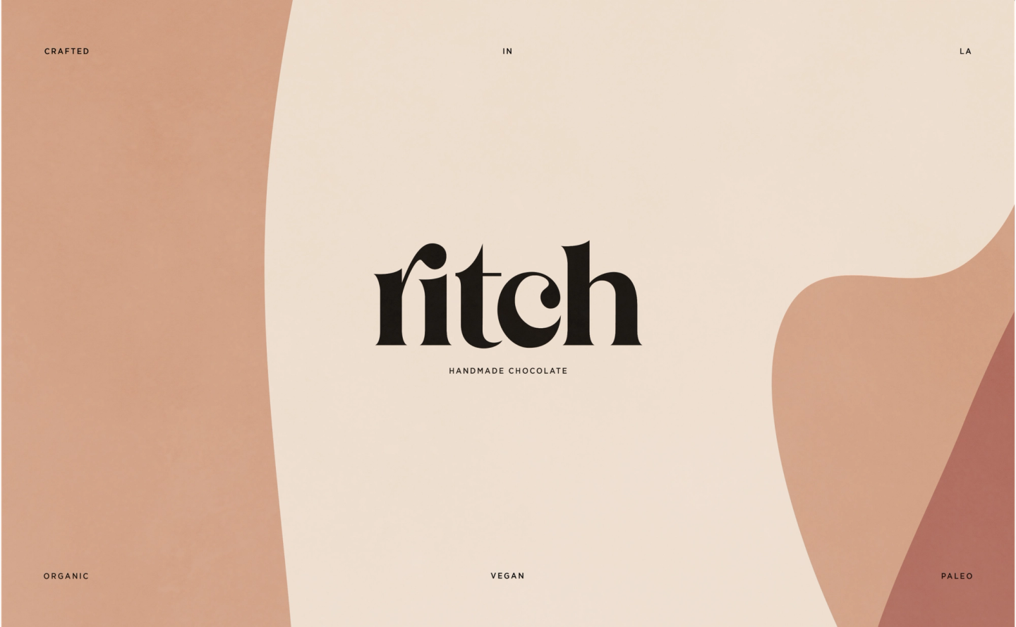 Brand identity lockup for Ritch Handmade Chocolate featuring serif logotype and soft organic shapes in Salty Hazed theme colors.