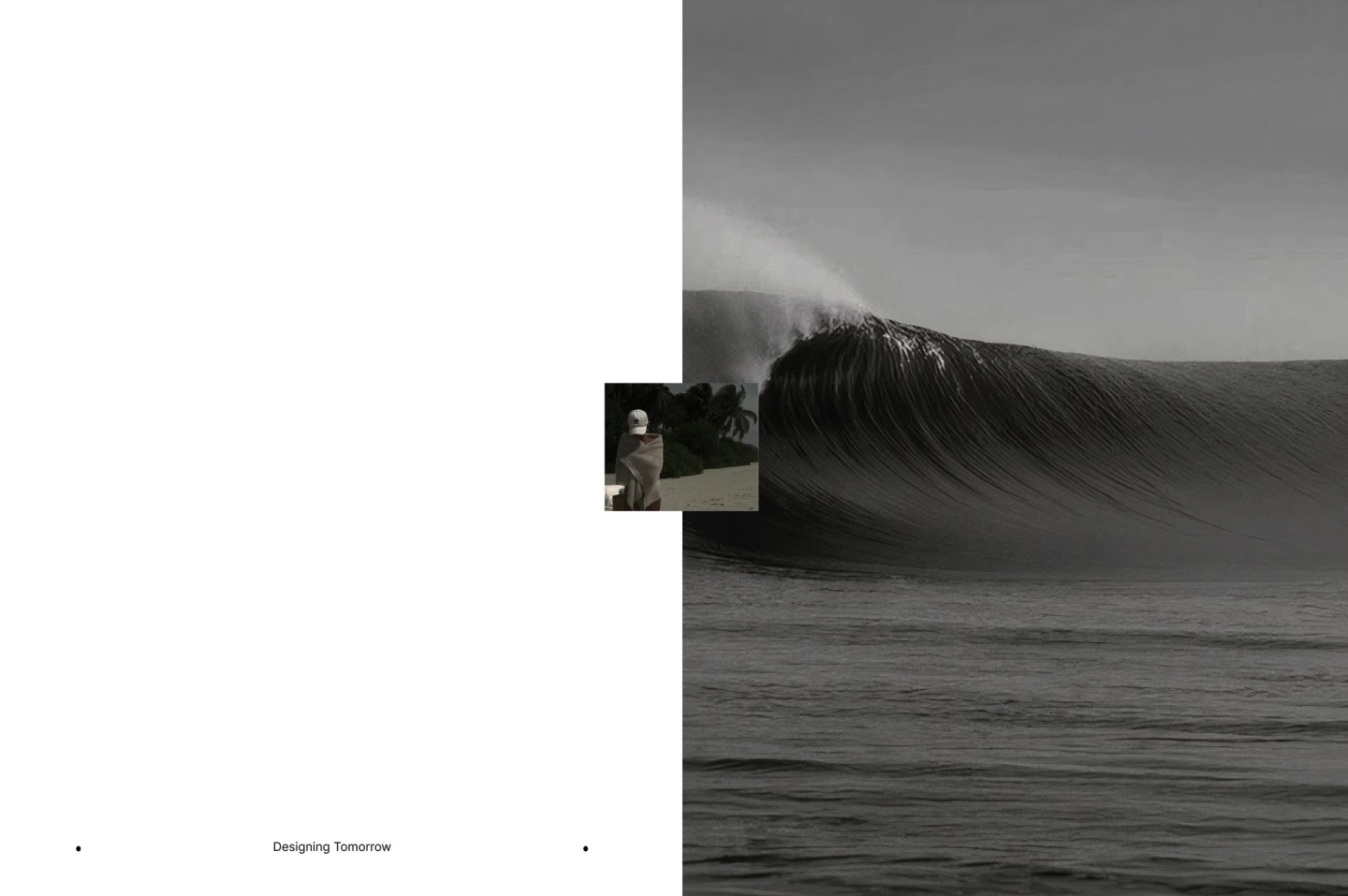 OREUM Website Branding—Minimalist Ocean Editorial by Eeze Studio Split-screen website branding visual for OREUM project, featuring a dramatic ocean wave and lifestyle editorial photography; designed and developed by Eeze Studio for luxury Bali wellness and hospitality brands.