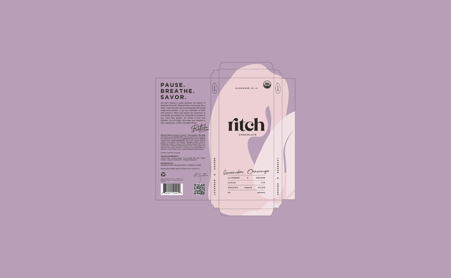 Lavender Orange – Chocolate Packaging Dieline by eeze studio Full dieline design for Ritch Handmade Chocolate’s Lavender Orange bar, featuring both front and back packaging layout.