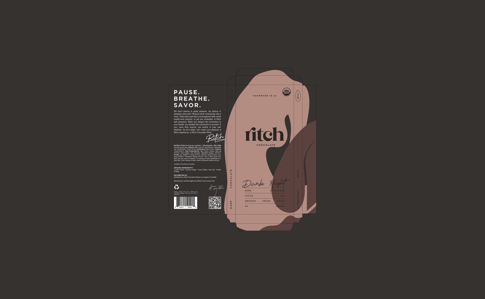 Ritch Chocolate – Dark Night Full Packaging Dieline by eeze studio Flat dieline of Ritch Handmade Chocolate packaging featuring full front and back design for the Dark Night bar.
