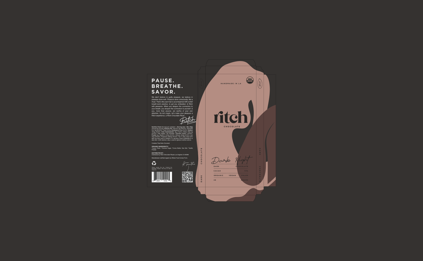 Ritch Chocolate – Dark Night Full Packaging Dieline by eeze studio Flat dieline of Ritch Handmade Chocolate packaging featuring full front and back design for the Dark Night bar.