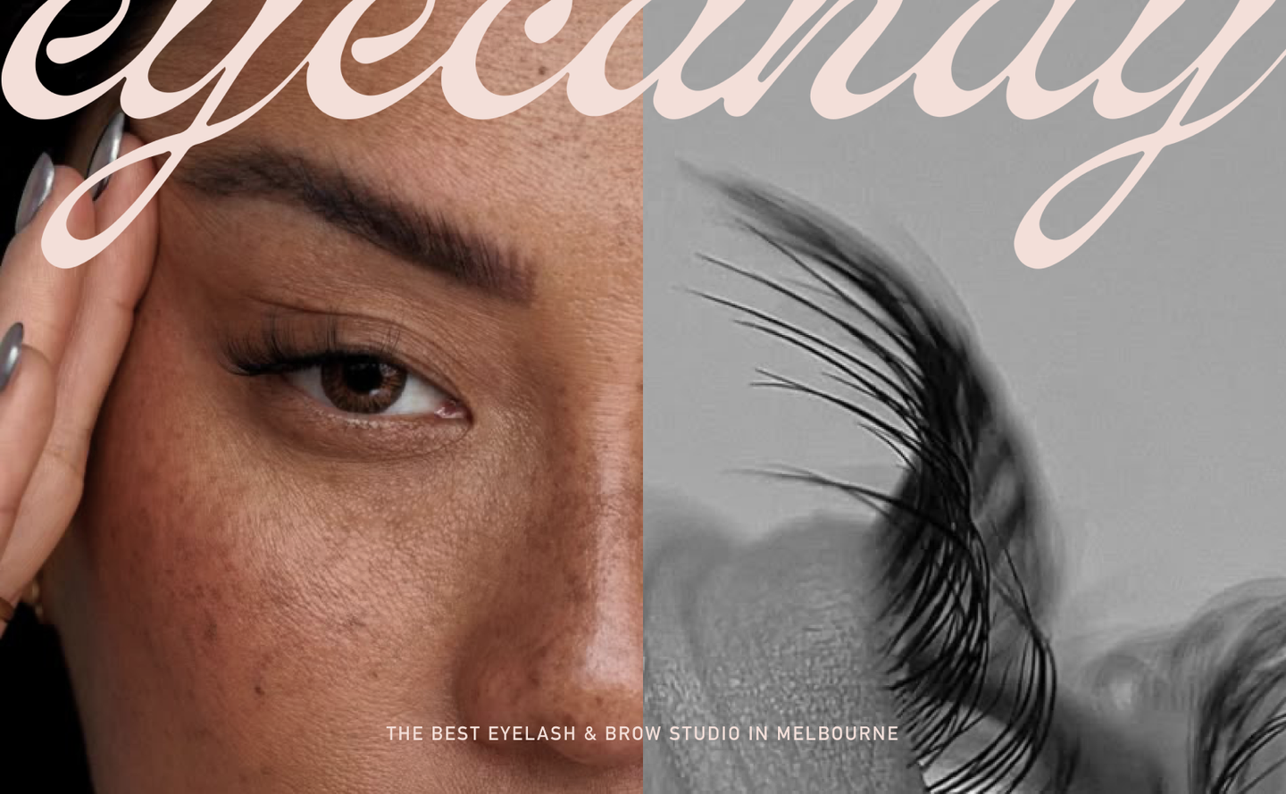 Eyecandy Lashes – Website Mockup by eeze studio Website mockup of the Homepage Header for Eyecandy Lashes featuring modern design with bold typography and high-contrast visuals. Design by eeze studio.