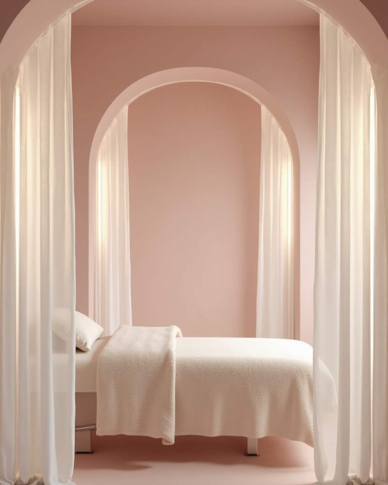 Eyecandy Lashes Interior Concept – Soft Arch Treatment Room by Eeze Studio Minimal blush pink treatment room with arched curtains and spa bed, created for Eyecandy Lashes rebrand and custom web design by Eeze Studio