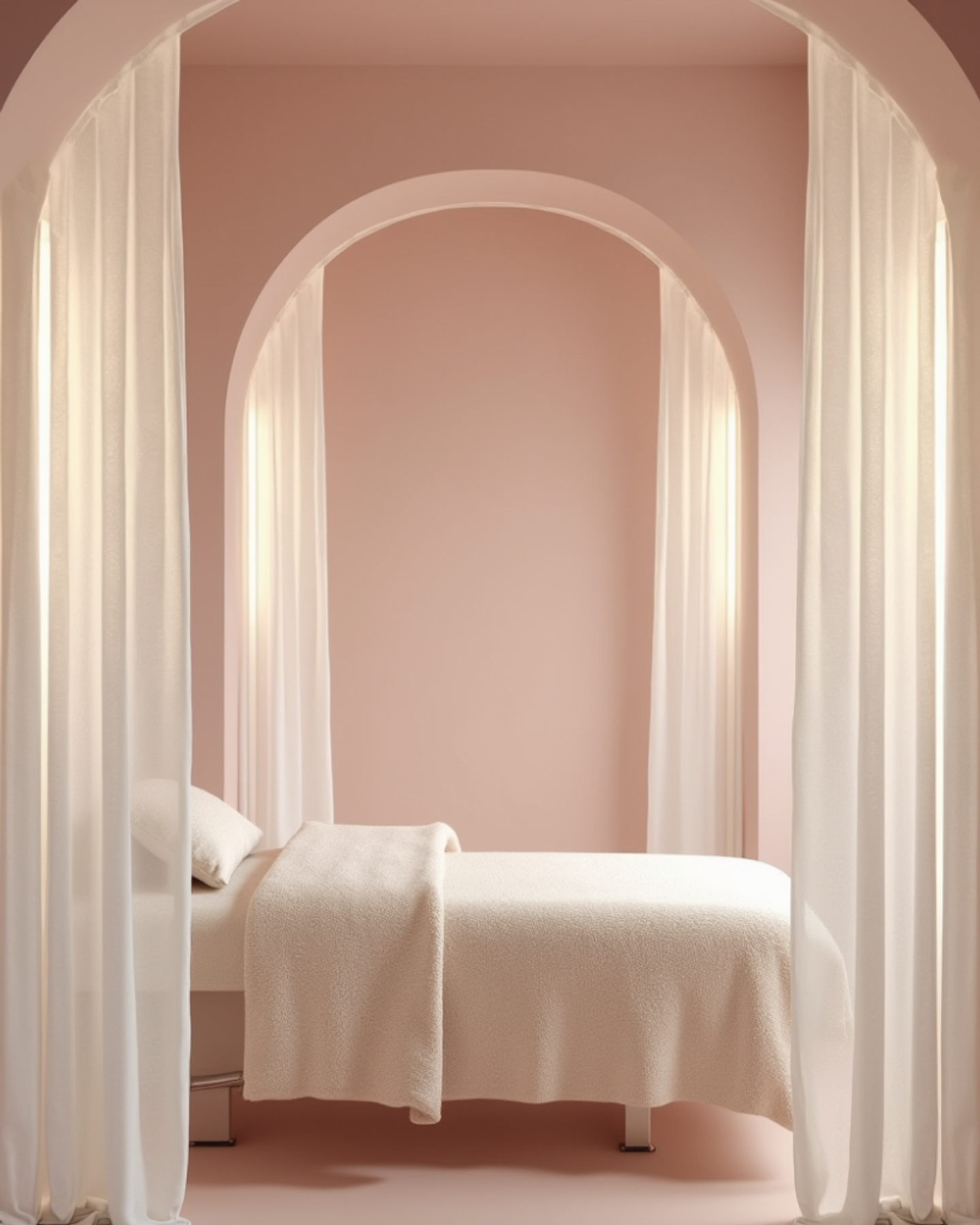 Minimal blush pink treatment room with arched curtains and spa bed, created for Eyecandy Lashes rebrand and custom web design by Eeze Studio