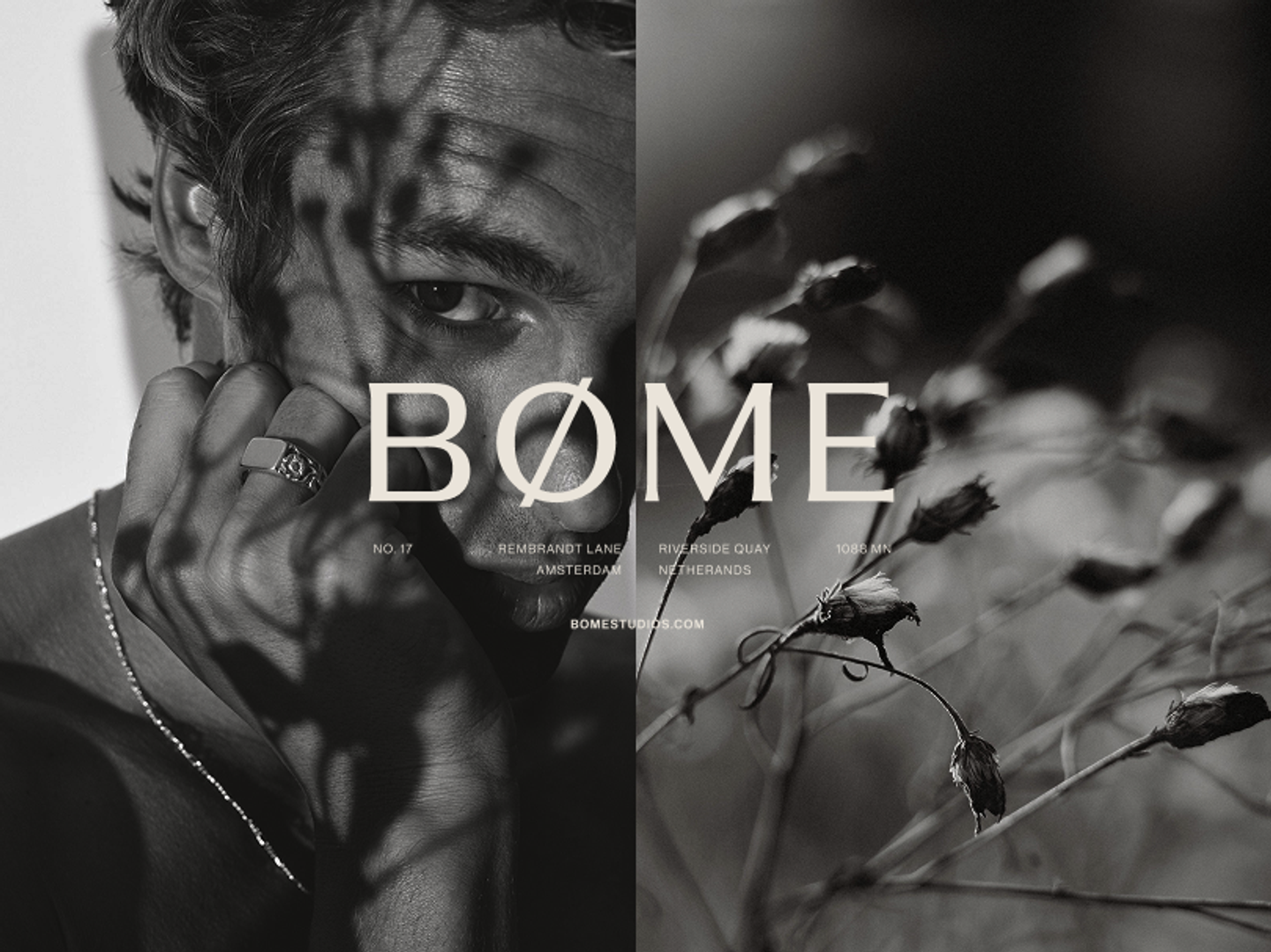 Black and white diptych pairing a close-up of a man wearing a BØME Studios ring with a softly focused image of dried florals and overlaid brand typography, emphasizing atmospheric mens jewelry lifestyle art direction and campaign design created by Eeze Studio.