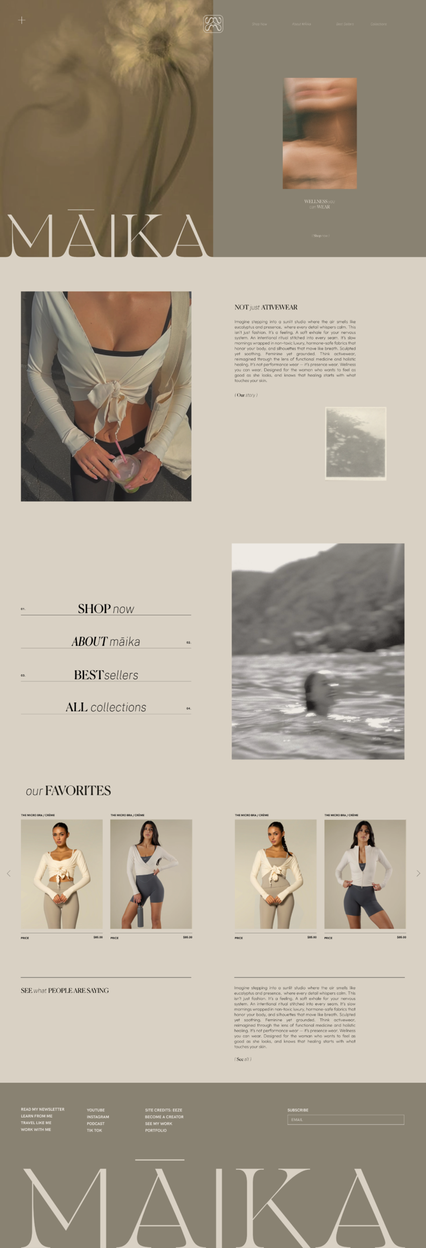 MAIKA Wellness Brand Website – Homepage Design by Eeze Studio Homepage of MAIKA wellness brand website featuring botanical imagery, minimalist product highlights, and e-commerce layout, designed by Eeze Studio