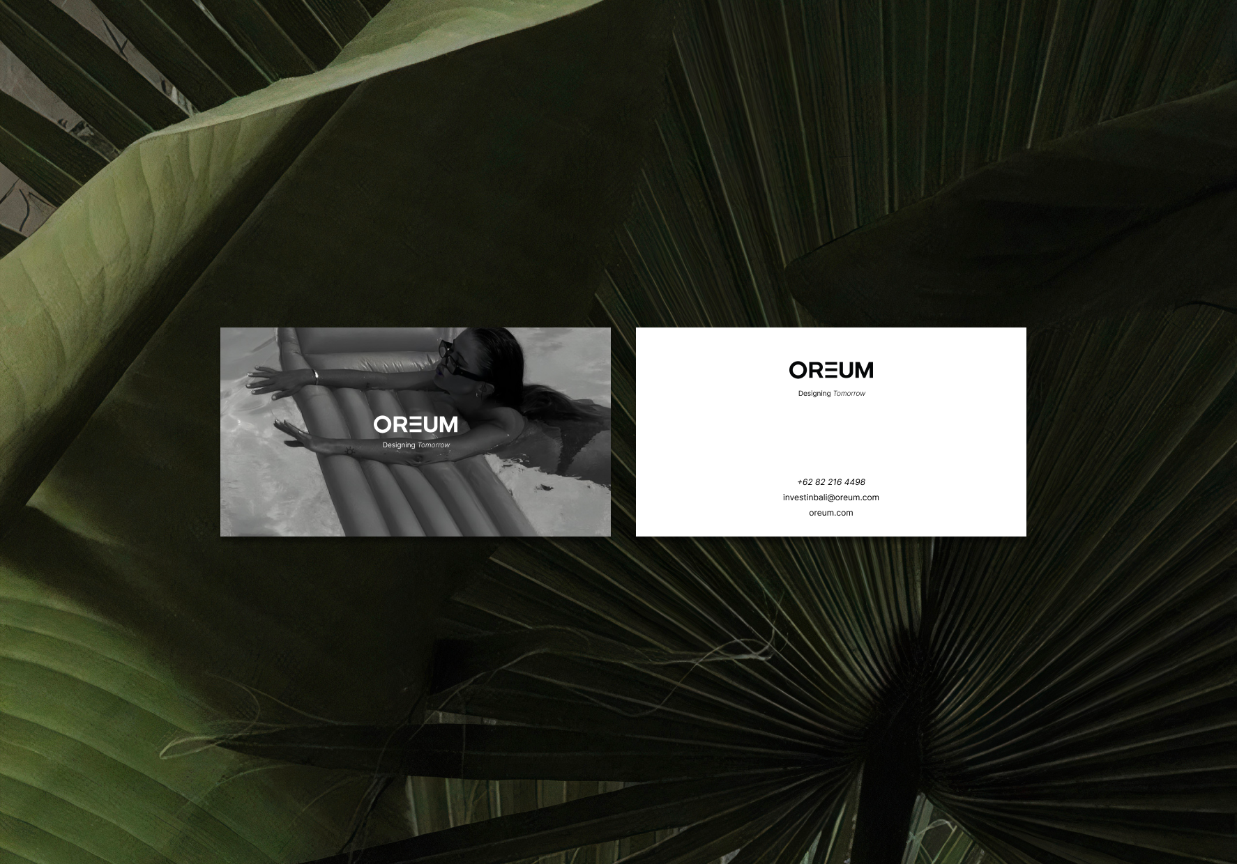 OREUM Business Card Design—Modern Brand Identity by Eeze Studio Minimalist OREUM business card design with bold logo, contact details, and lifestyle branding, placed over lush palm leaves; brand identity and collateral design by Eeze Studio for Bali wellness venture.