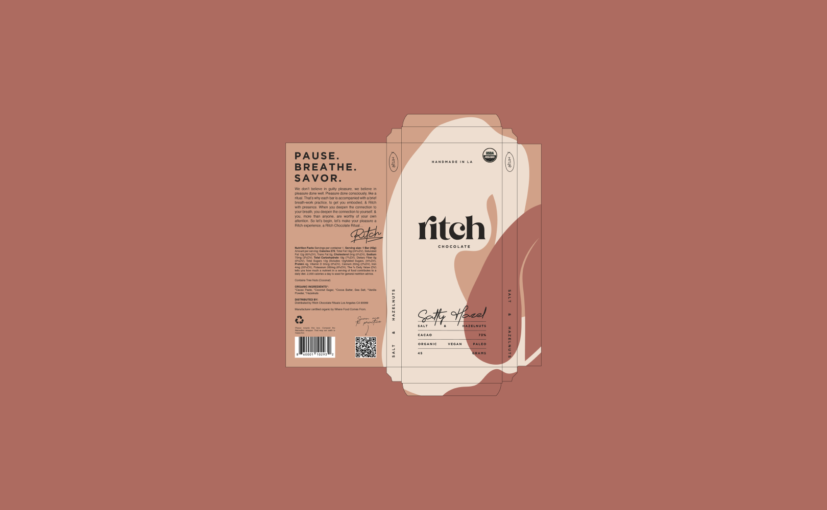 Salty Hazed – Full Packaging Dieline by eeze studio Dieline layout for Ritch Handmade Chocolate’s Salty Hazed bar, showing branding, ingredients, and visual balance.