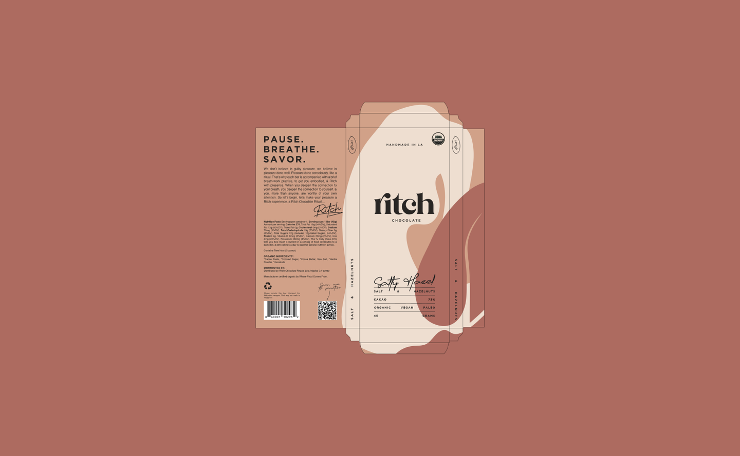 Dieline layout for Ritch Handmade Chocolate’s Salty Hazed bar, showing branding, ingredients, and visual balance.