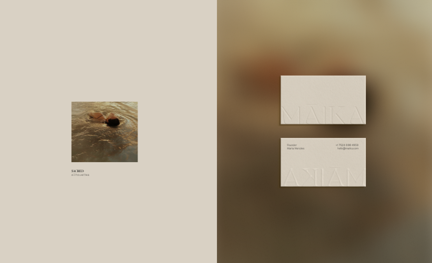 Minimalist visual identity for MAIKA with embossed business cards and tranquil water photography, created for wellness brand by Eeze Studio