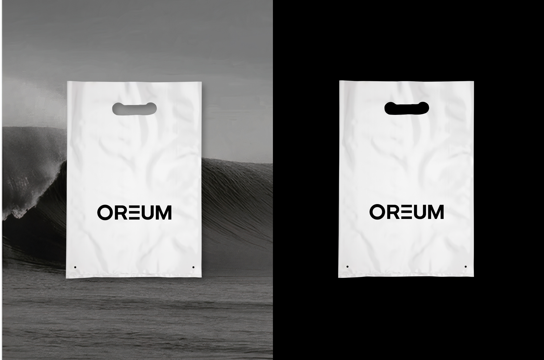 OREUM Packaging Design—Luxury Shopping Bag Branding by Eeze Studio Premium branded shopping bags for OREUM, featuring minimalist black logo on white, displayed against contemporary ocean wave and black backdrop; packaging and brand identity by Eeze Studio for Bali hospitality.