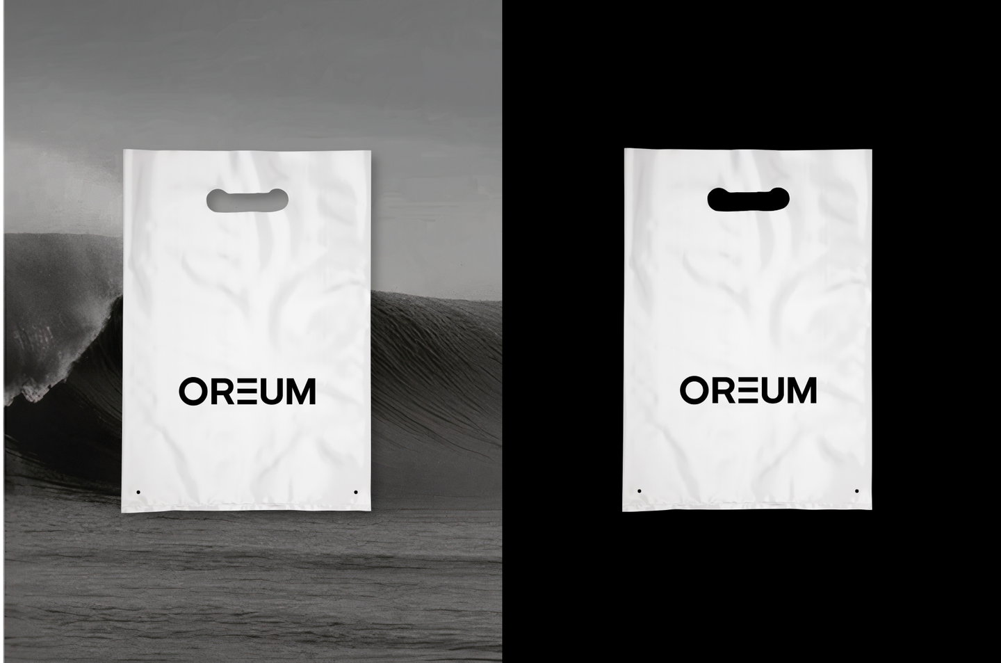 OREUM Packaging Design—Luxury Shopping Bag Branding by Eeze Studio Premium branded shopping bags for OREUM, featuring minimalist black logo on white, displayed against contemporary ocean wave and black backdrop; packaging and brand identity by Eeze Studio for Bali hospitality.